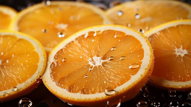 Appetizing cut orange fruits with drops of juice and water closeup fruit advertising banner vitamins and healthy lifestyle illustration AI generated