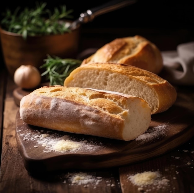 Appetizing cutting of ciabatta on a cutting board