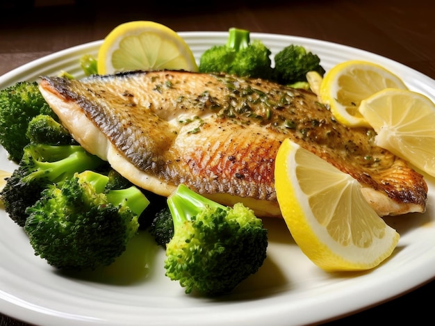 Appetizing dish of grilled fish lemon and broccoli