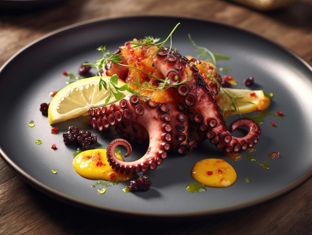 Photo appetizing dish with grilled octopus and lemon