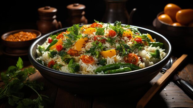 an appetizing display of a colorful rice dish featuring a variety of vegetables