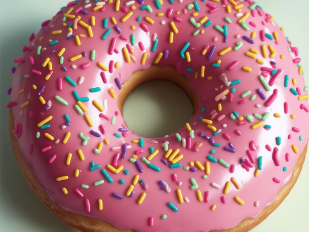 Appetizing donut on a white background with pink glaze and multicolored sprinkles