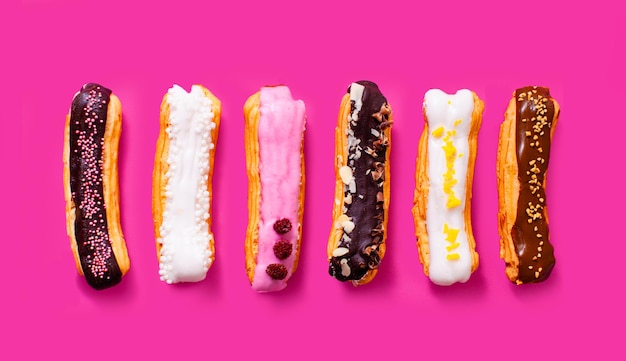 Appetizing eclairs with different fillings and design