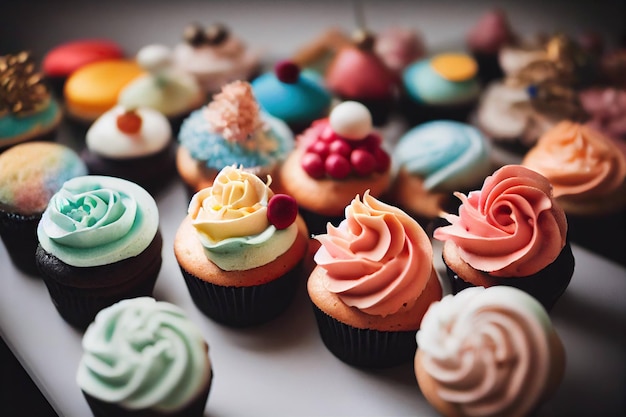 Appetizing festive cupcakes baked on delicate dough with bright decorations