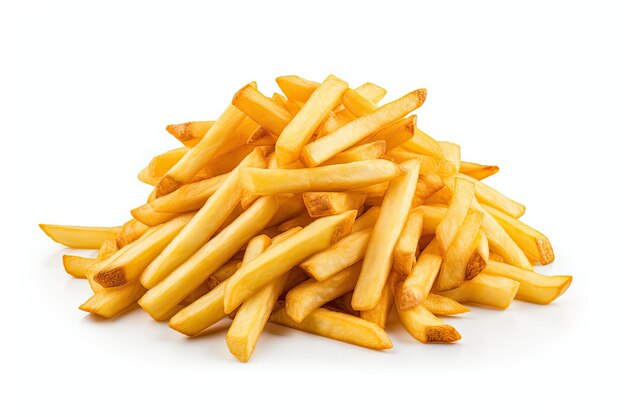 Appetizing French fries piled on a white surface