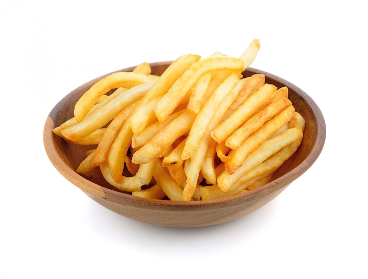 Photo appetizing french fries on a white 