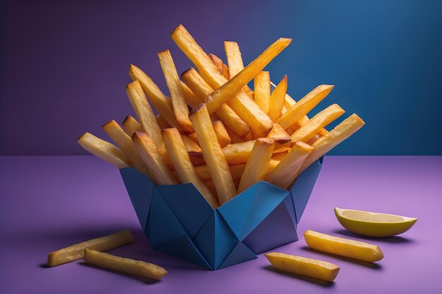 Appetizing french fries on the wooden table closeup