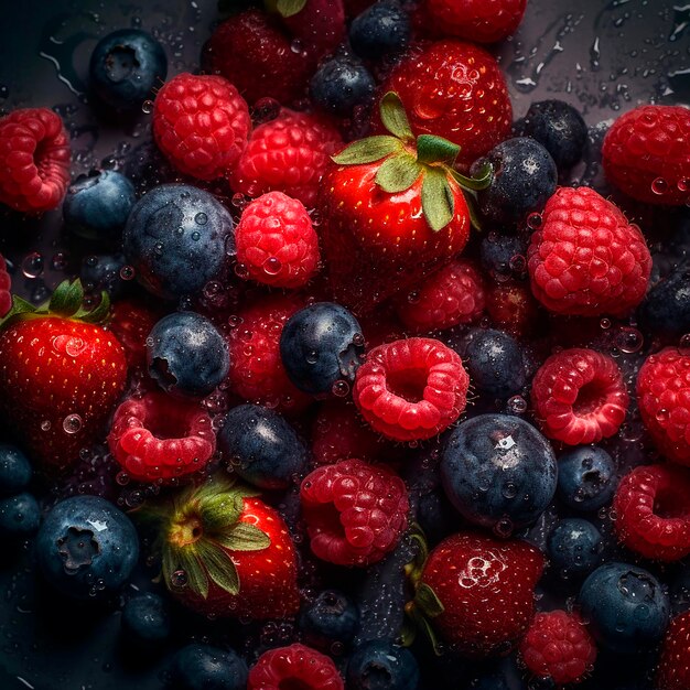 Photo appetizing fresh strawberries raspberries and blueberries on a dark background with large drops