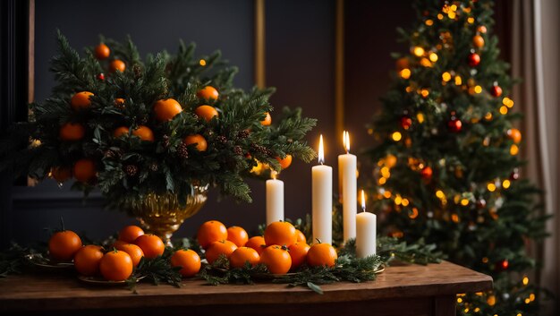 Appetizing fresh tangerines candles Christmas tree branch