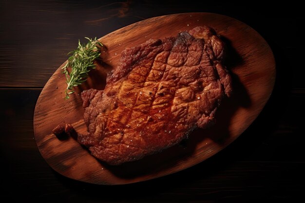 Appetizing fried barbecue steaks in sauce on a dark background top view