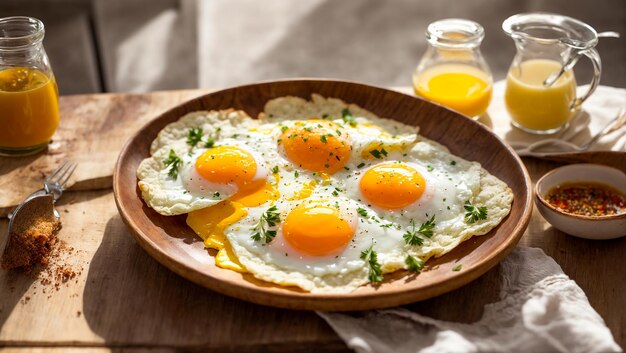 キッチンの皿に揚げた卵を食欲的に