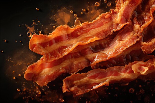 Appetizing fried pieces of bacon on a dark background