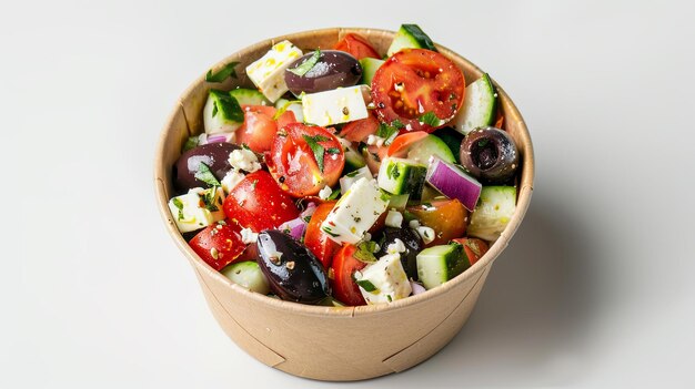 Photo appetizing greek salad served in a paper bowl ideal for grabandgo meals photographed from a topdown perspective against a white backdrop