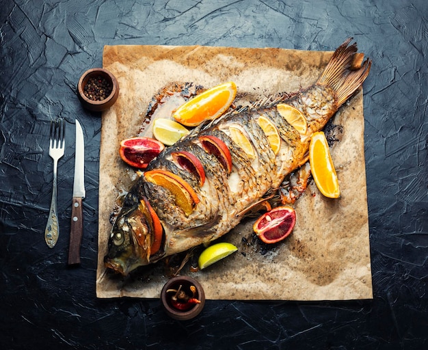 Appetizing grilled carp fish