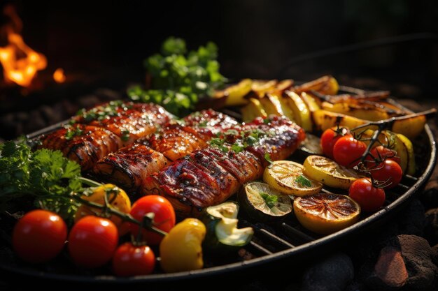 Photo appetizing grilled fish with grilled vegetables
