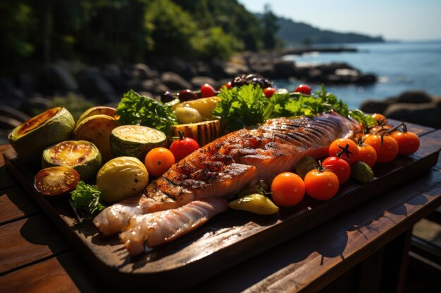 Фото Аппетитна рыба на гриле с жареными овощами