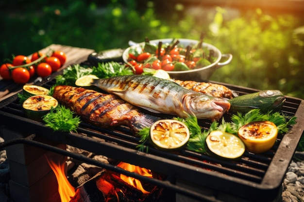 Appetizing grilled fish with grilled vegetables