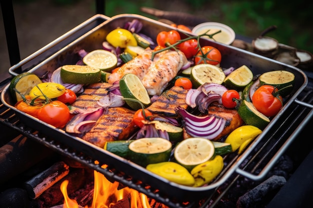 Appetizing grilled fish with grilled vegetables