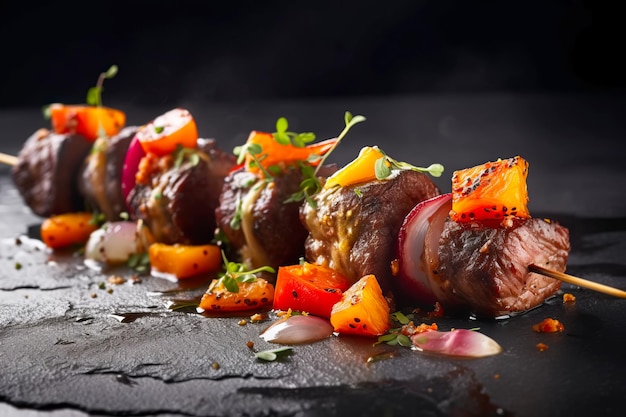 Appetizing Grilled meat skewers kebab on black background Generative AI illustration