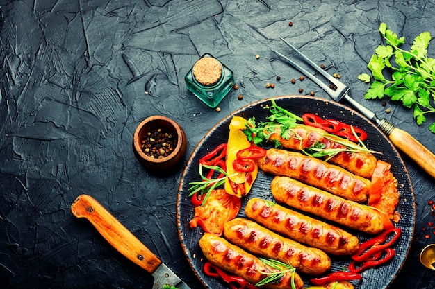 Appetizing grilled sausages with grilled vegetables. Sausages fried with pepper.