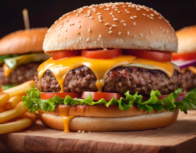 Appetizing hamburger with vegetables and meat and on black background