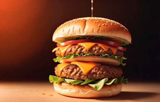 Appetizing hamburger with vegetables and meat and on black background