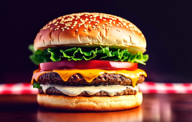 Appetizing hamburger with vegetables and meat and on black background