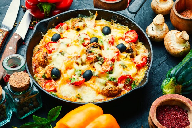 Appetizing Italian pizza with chicken breast, tomato,cheese and olives