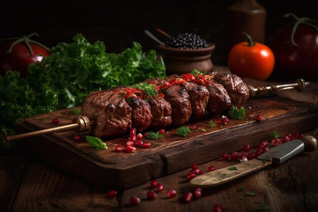 Appetizing juicy kebab with vegetables and herbs Generative AI