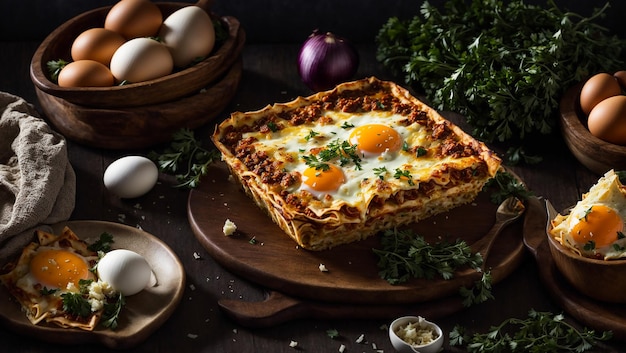 Appetizing lasagna with egg herbs on old background