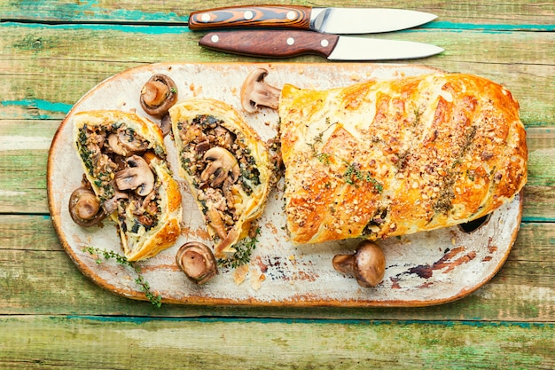 Appetizing mushroom pie or wellington mushroom. English home cooking.