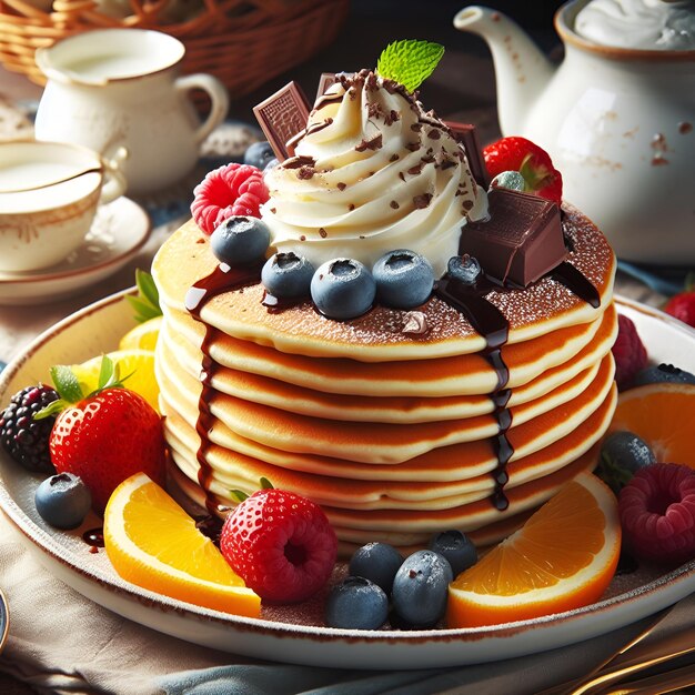 Appetizing pancakes with delicious creamchocolate fruits