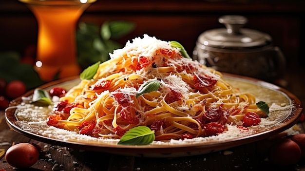 An appetizing pasta dish with tomato sauce and an enticing meal generated by ai