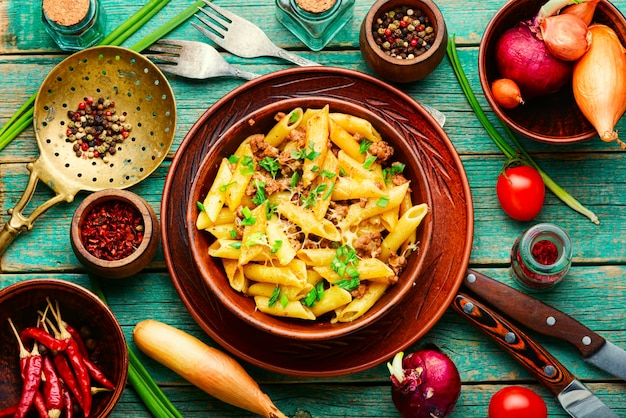 Appetizing pasta with minced meat