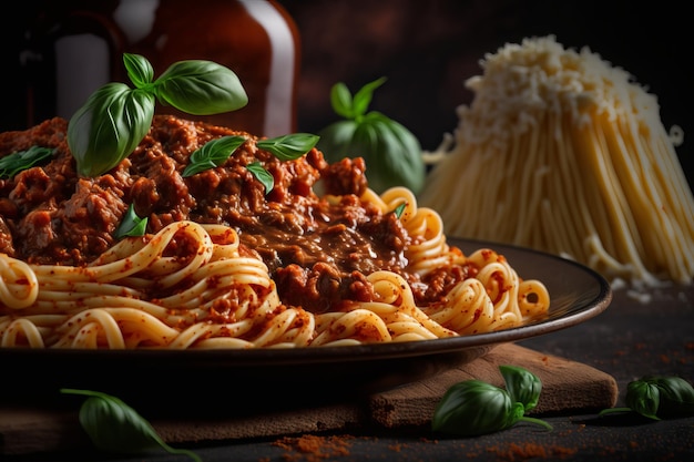 Appetizing pasta with tomato sauce and parmesan on plate closeup