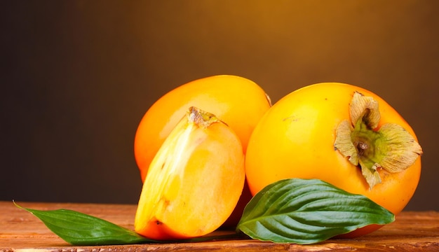 Appetizing persimmons on wooden table on brown background