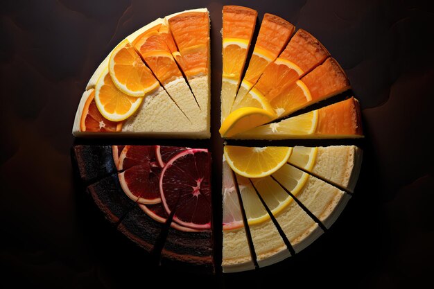 Photo appetizing pieces of cake with various fruit fillings top view