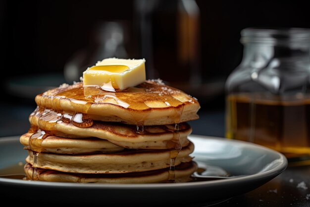 An Appetizing Pile of Flapjacks Tasty Stack of Pancakes Topped with Syrup and Butter Close Up