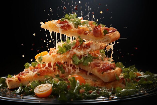 Appetizing Pizza and pizza pieces levitation stretchy processed cheese Generative AI