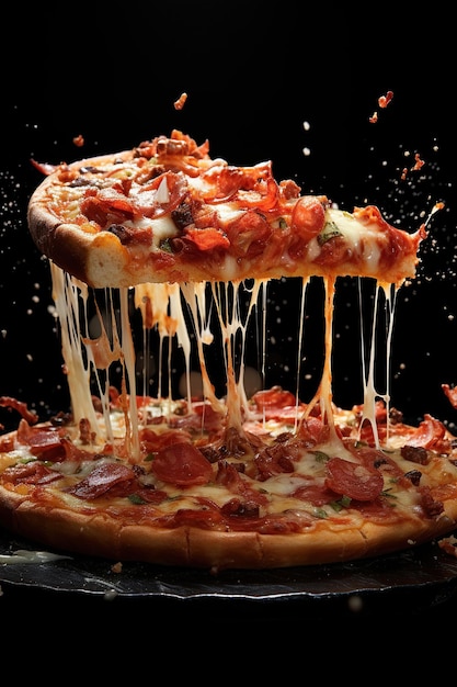 Appetizing Pizza and pizza pieces levitation stretchy processed cheese Generative AI