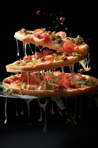 Appetizing Pizza and pizza pieces levitation stretchy processed cheese Generative AI