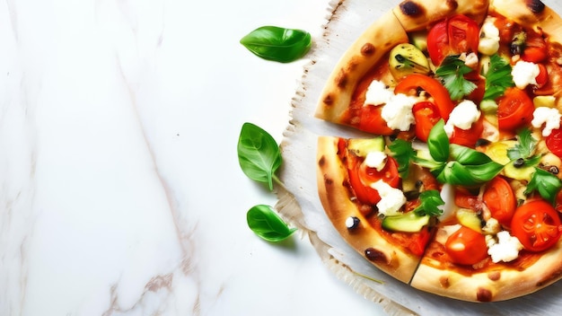 Foto pizza appetitosa con pancetta e formaggio tagliati a pezzi su uno sfondo bianco tradizionale italiano