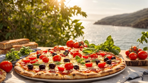 Appetizing pizza with tomatoes olives basil on the seashore