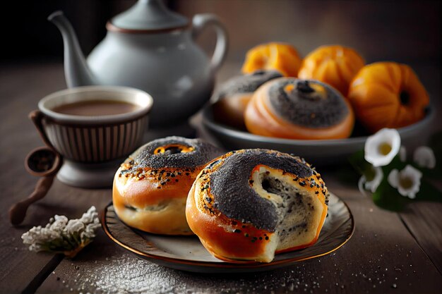 Appetizing poppy seed buns with sweet glaze for breakfast