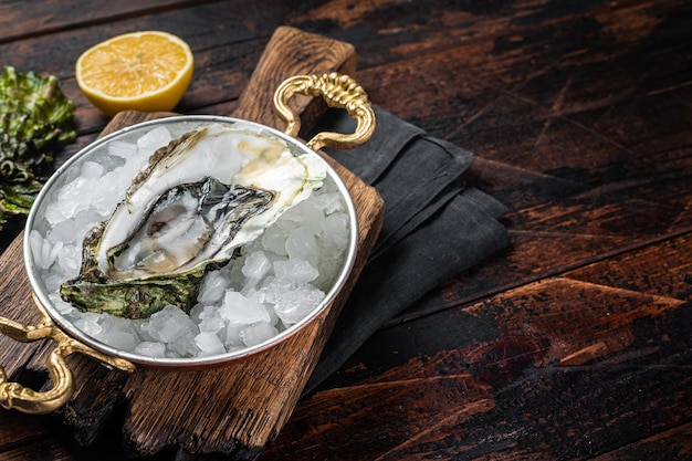 Appetizing raw oyster with ice cubes in a skillet Wooden background Top view Copy space