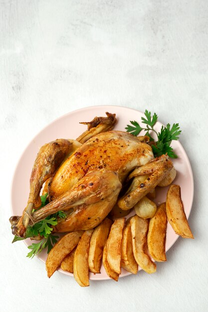 Appetizing roast chicken with garlic potatoes and onions