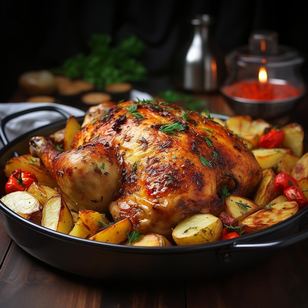 an appetizing roast chicken with potatoes around