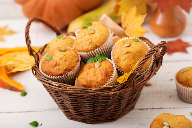 Appetizing and ruddy muffins with pumpkin and walnut.