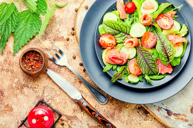 Appetizing salad with salmon, vegetables and herbs.