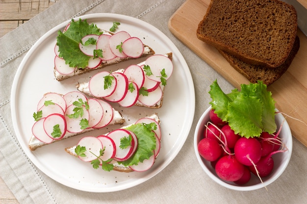 Appetizing sandwiches of rye bread with curd cheese, radishes and lettuce. Rustic style.